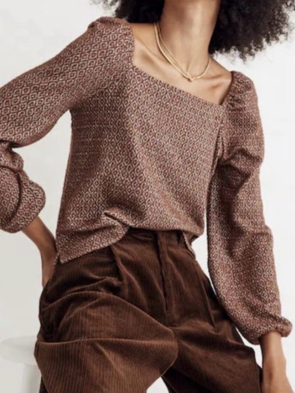 Madewell Brown Patterned Off-the-Shoulder Sweater